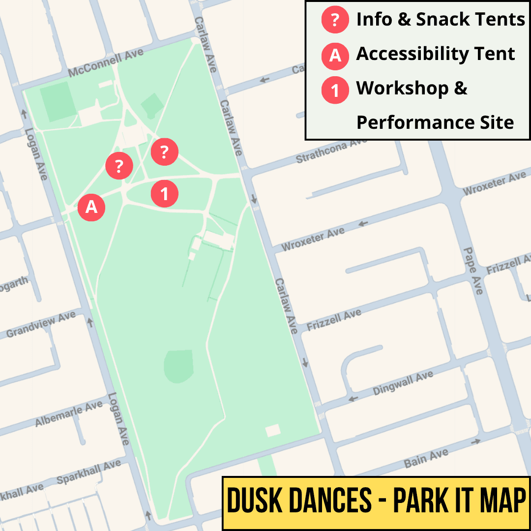 Map of Withrow Park indicating the performance site for Dusk Dances - Park It
