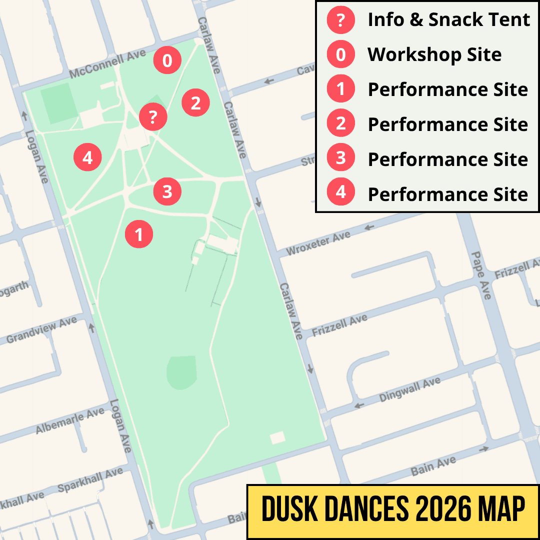 Map of Withrow Park indicating the workshop and performances sites for Dusk Dances.