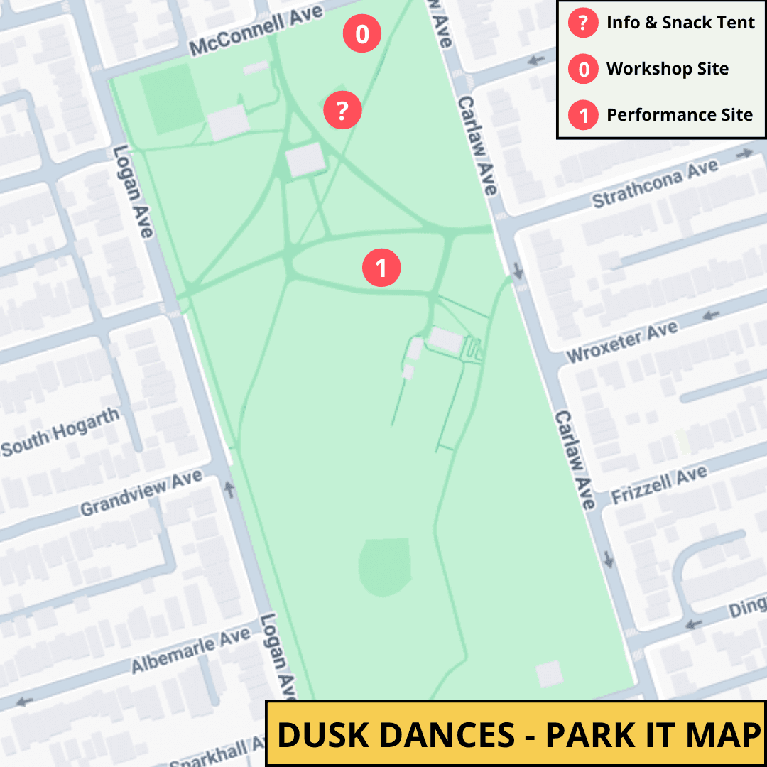 Map of Withrow Park indicating the performance site for Dusk Dances - Park It
