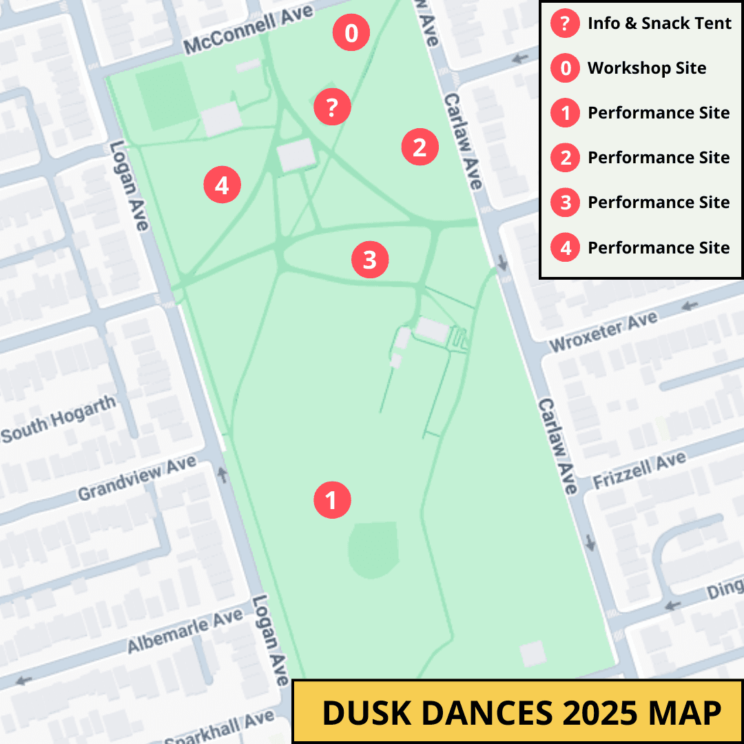 Map of Withrow Park indicating the workshop and performances sites for Dusk Dances.